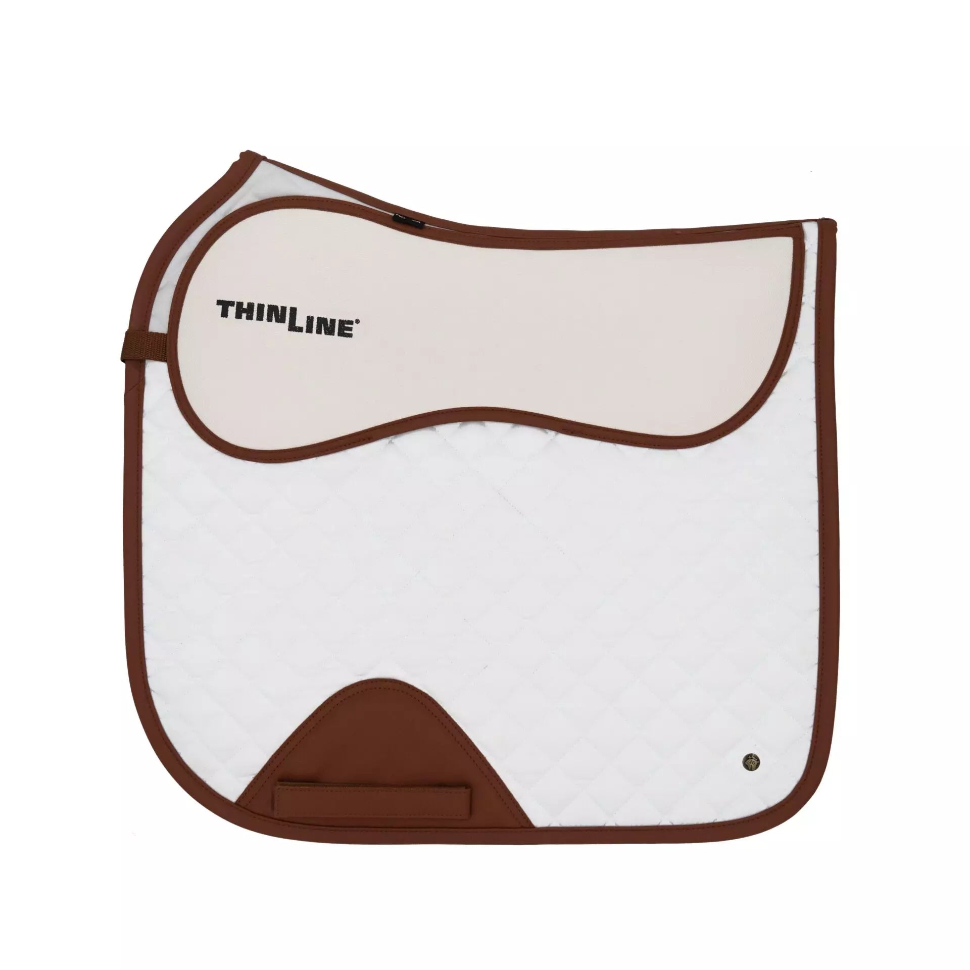 Brown and white saddle pad with 'ThinLine' branding on a white background