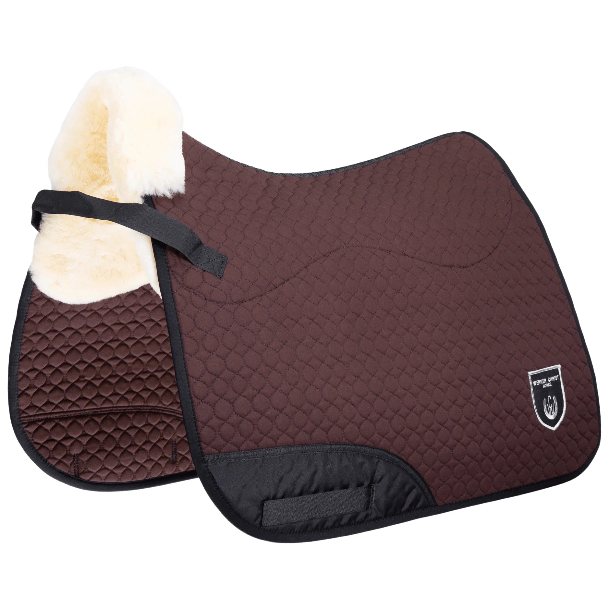 Brown quilted saddle pad with black border and white fur on a white background
