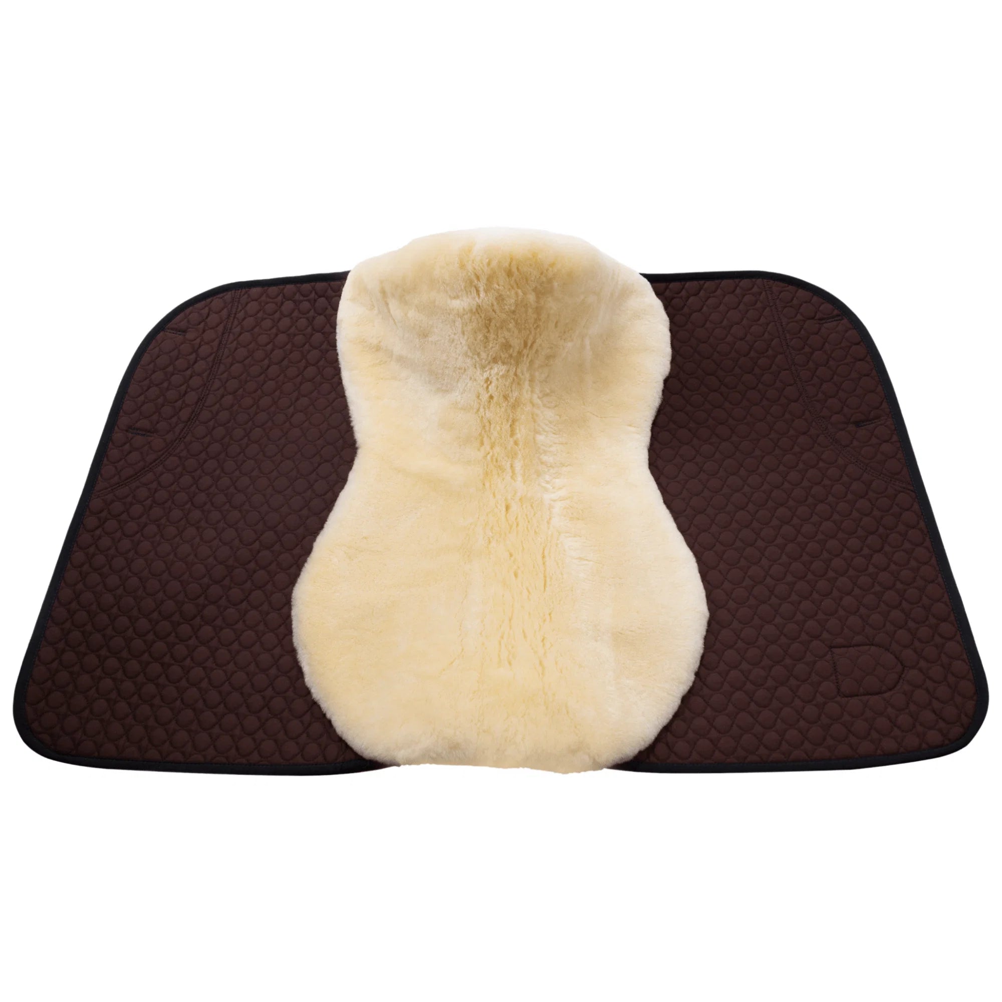 Brown saddle pad with a beige sheepskin cover on a white background