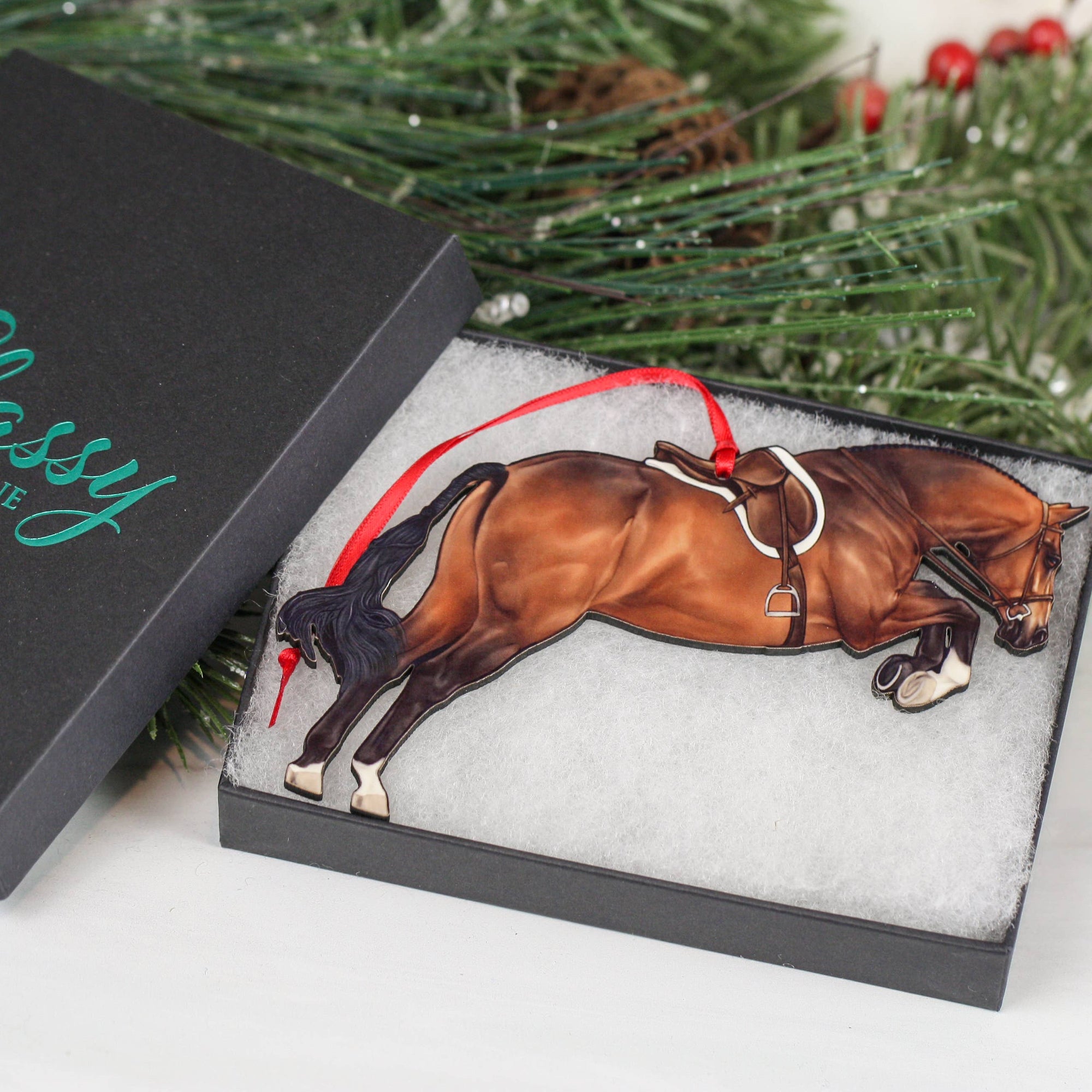 Equestrian Hunter Horse Ornament - Bay Hunter Jumper Takeoff