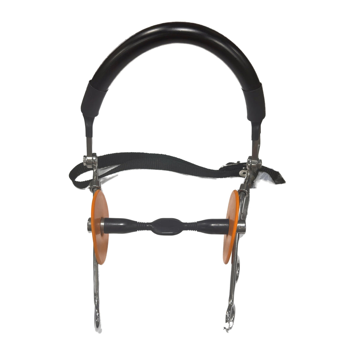 Bombers Bits Hybrid Moulded Preferred Contact bit, front view showing the padded hackamore noseband, nylon curb strap, orange moulded discs and black synthetic rubber mouthpiece
