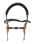 Bombers Bits Hybrid Moulded Preferred Contact bit, front view showing the padded hackamore noseband, nylon curb strap, orange moulded discs and black synthetic rubber mouthpiece