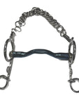 Bombers Bits Pelham 55 Happy Tongue STR SW bit, angled view showing the ported sweet iron mouthpiece, two rein rings and curb chain