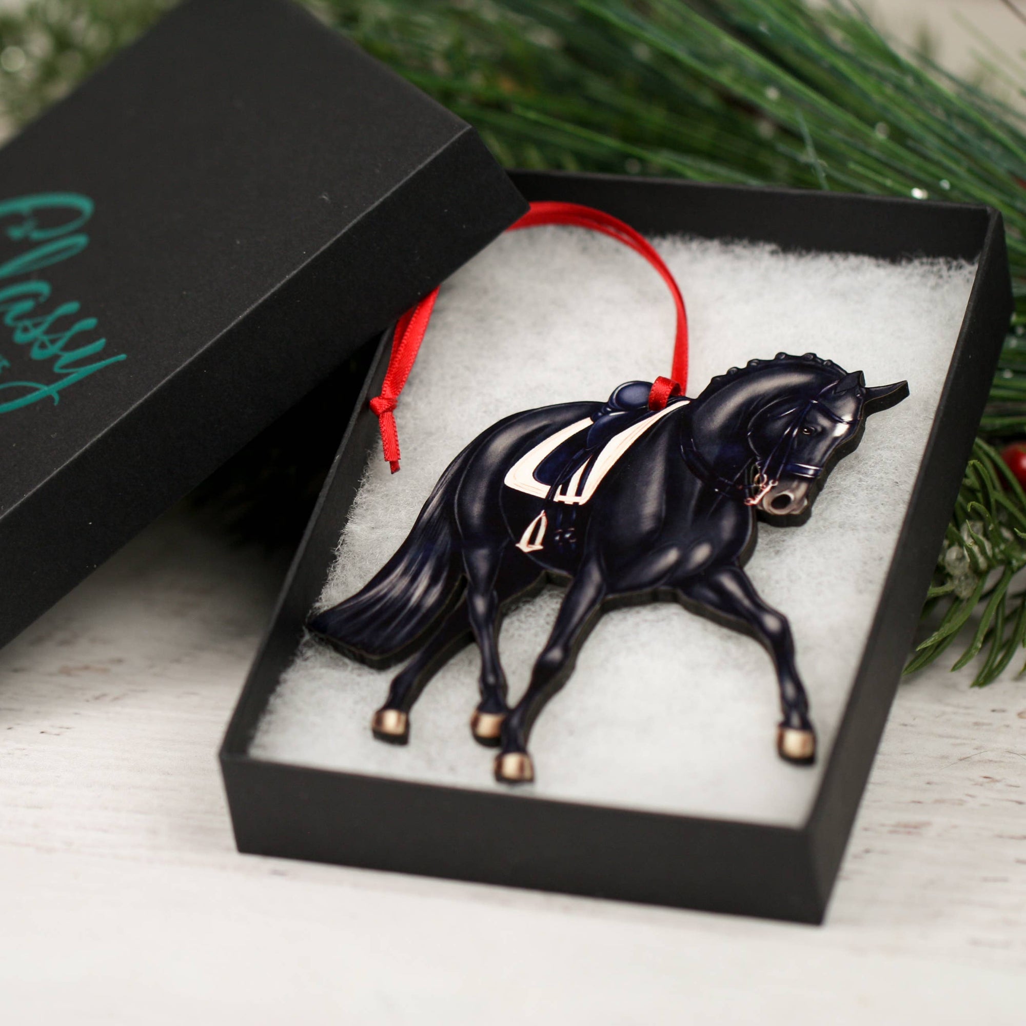 Dressage Horse Christmas Ornament - Black Half Pass Dressage