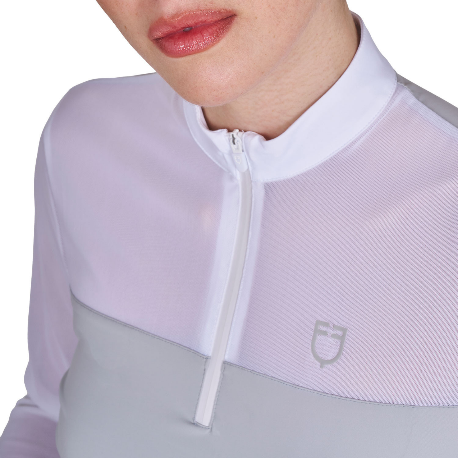 Equestro Women's Micro Mesh Long Sleeve Training Polo Shirt, Harbor Mist