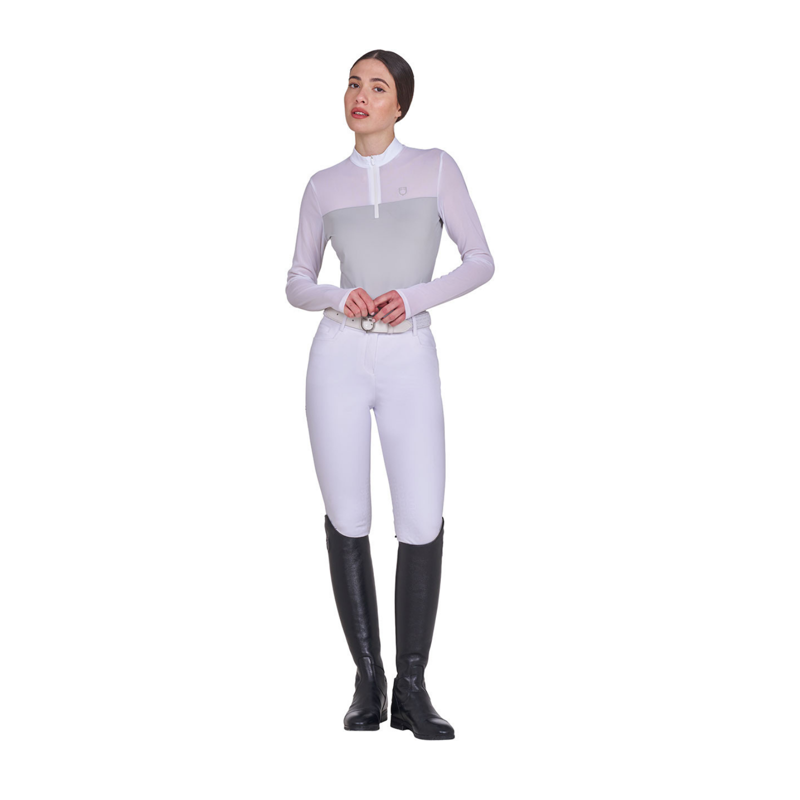 Equestro Women's Micro Mesh Long Sleeve Training Polo Shirt, Harbor Mist