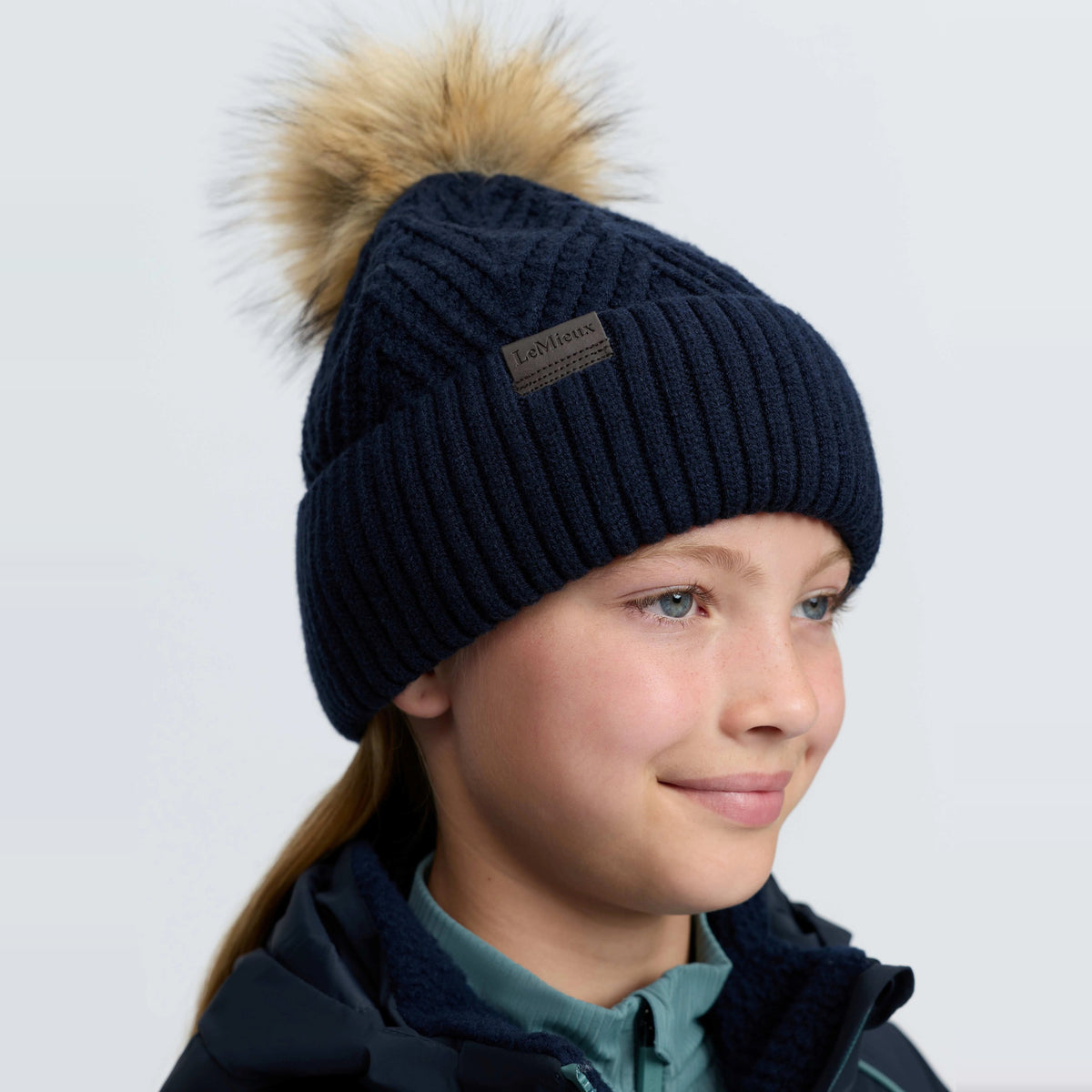 LeMieux Clara Rib Beanie in Navy, front view showing ribbed knit cuff and LeMieux logo badge