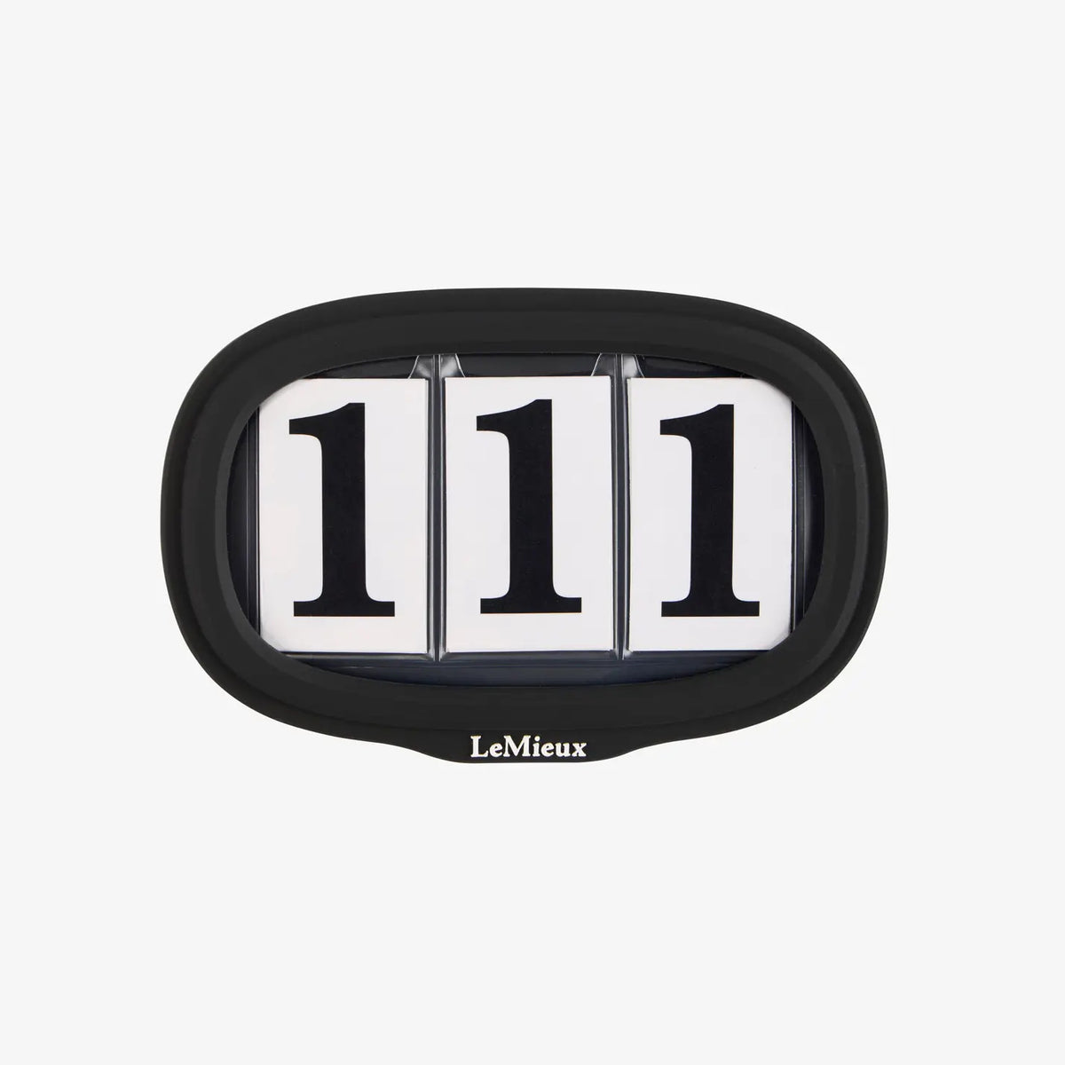 LeMieux silicone saddle pad number holder in black, front view with three number cards fitted