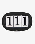 LeMieux silicone saddle pad number holder in black, front view with three number cards fitted