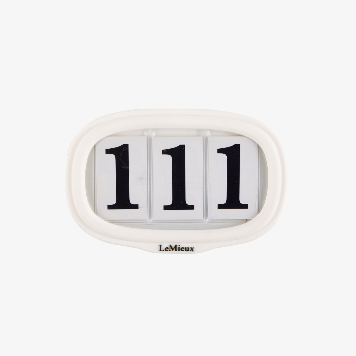 LeMieux silicone saddle pad number holder in white, front view with three number cards fitted