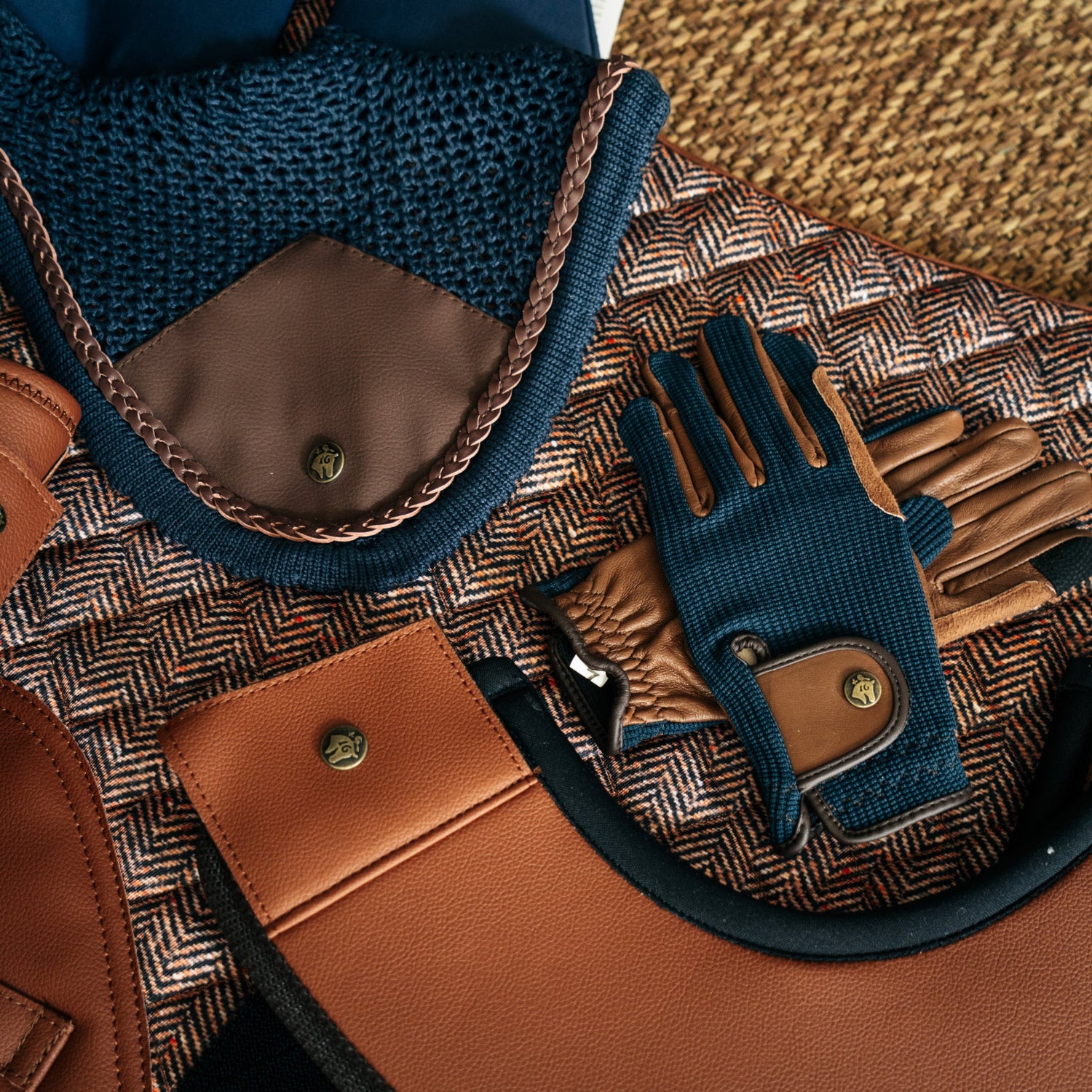 Sixteen Cypress Riding Gloves, Navy &amp; Cognac