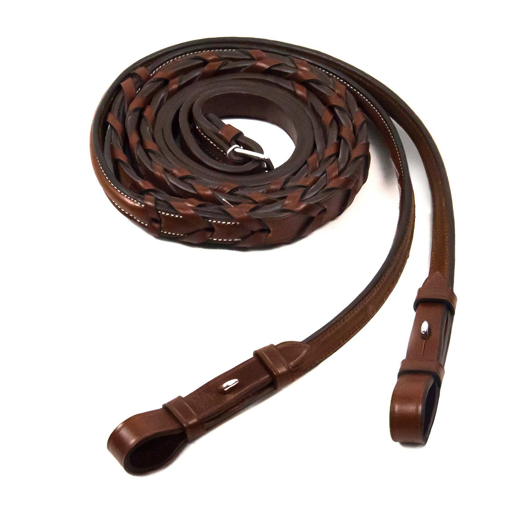 Schockemohle Hunter Laced Fancy Reins, Braided, Stitching, Hook &amp; Stud, Dark Brown/Silver