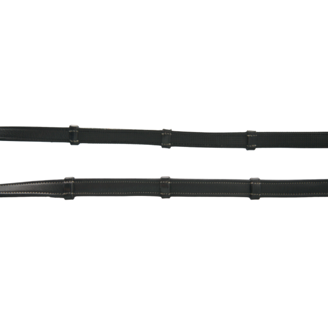 Artemis Equine Soft Leather/Rubber Reins, Stops, French Hooks, Black