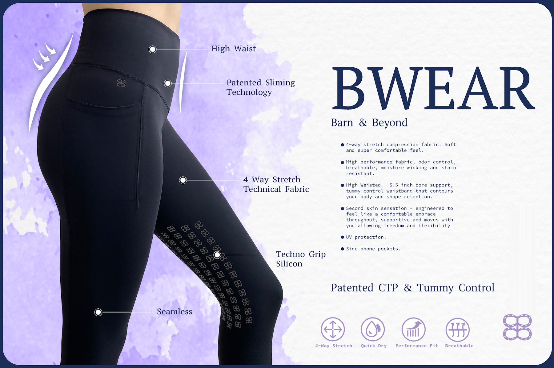 BWear Finn Full Grip, High Waist Riding Leggings, Green